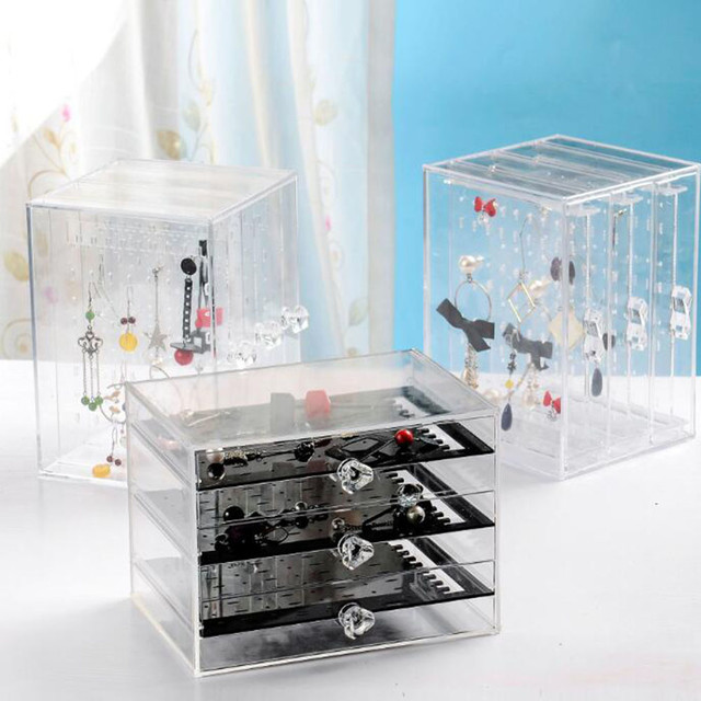 Acrylic Clear Jewelry Storage Box Earring Display Stand Necklace Organizer  Holder Showcase With 3 Vertical Drawer 